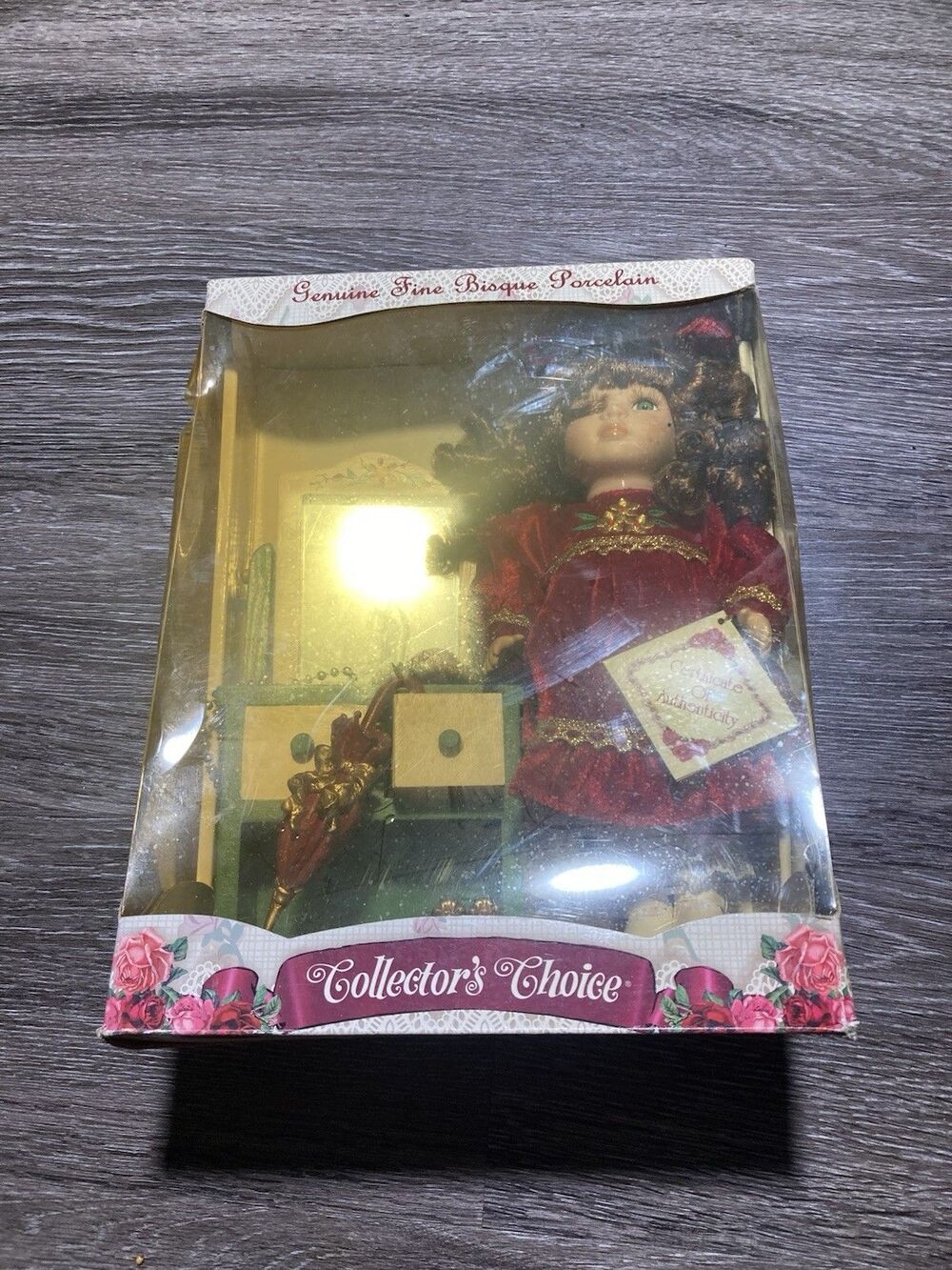 Collectors Choice Genuine Bisque Porcelain Doll With Wood Dressing Table W/ COA
